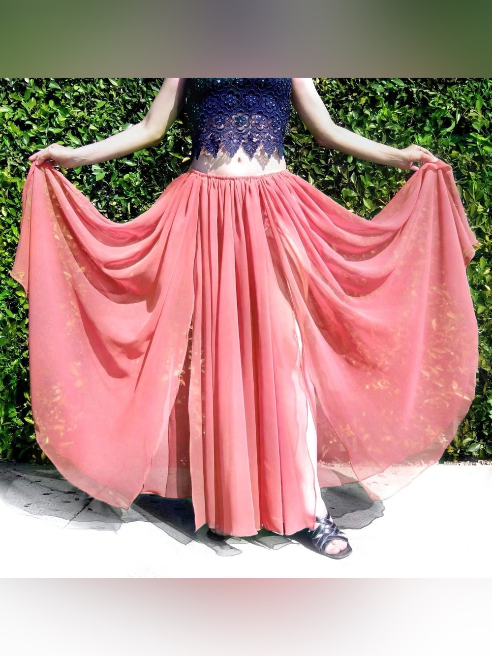 Coral Pink Chiffon Skirt 2 slits Ameynra design